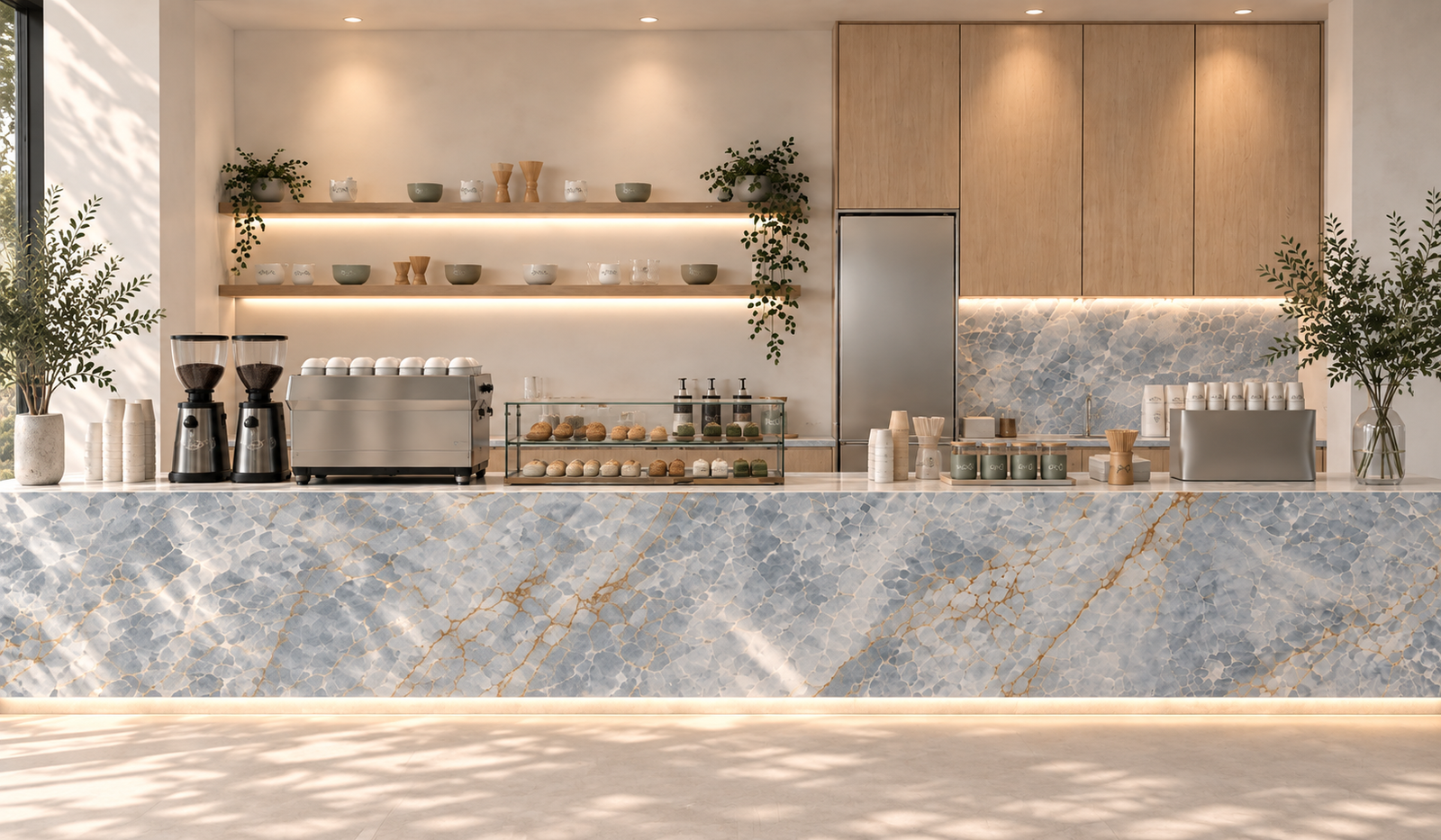 Light-filled KYŌ café counter with blue onyx stone