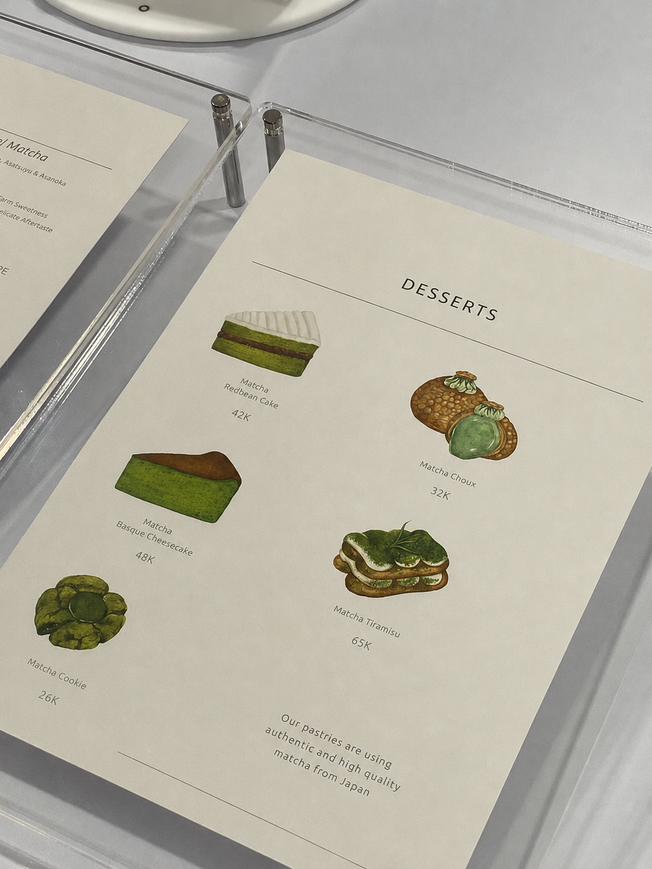Printed matcha dessert menu detail