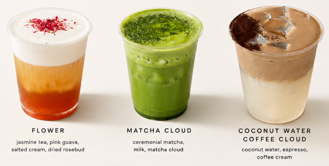 Flower, Matcha Cloud and Coconut Water Coffee Cloud signature drinks